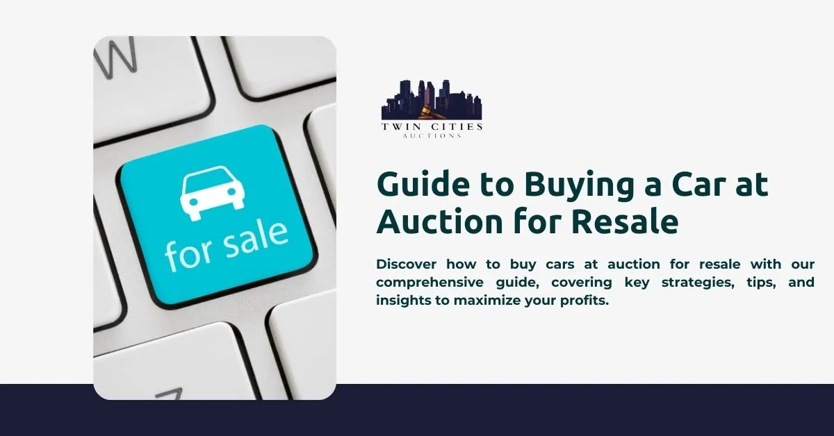 A keyboard button with a car symbol and the text "for sale," representing the concept of buying a car at auction for resale, as discussed in the Guide to Buying a Car at Auction for Resale.