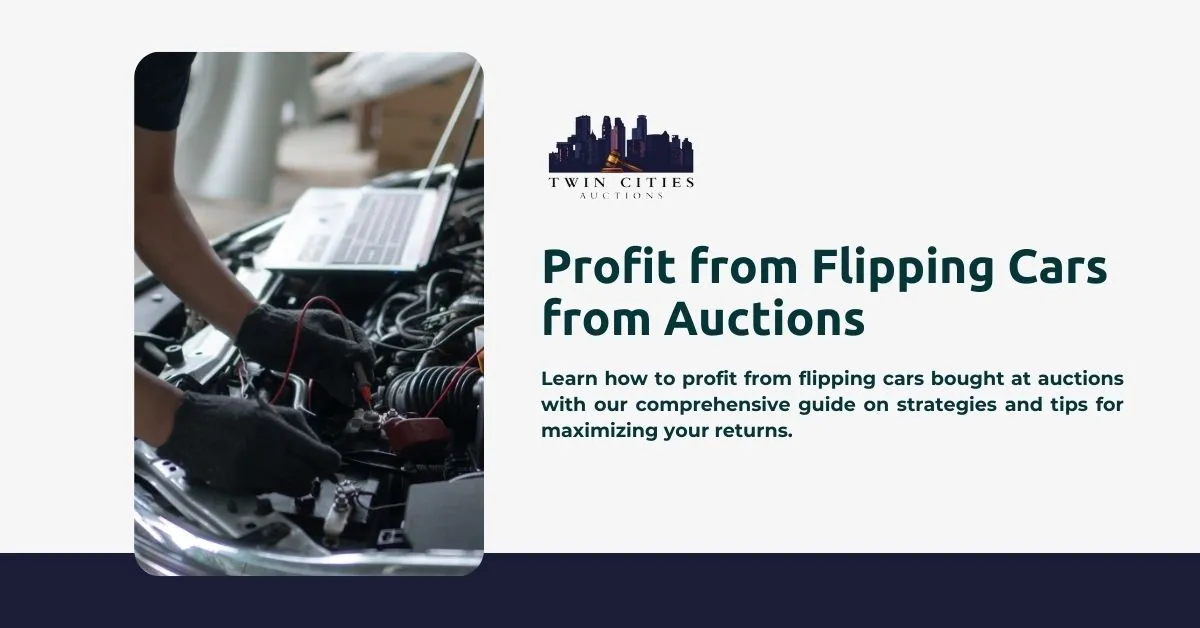 A person repairing a car with a laptop on the hood, illustrating the process of flipping auction cars for profit by assessing and fixing issues.