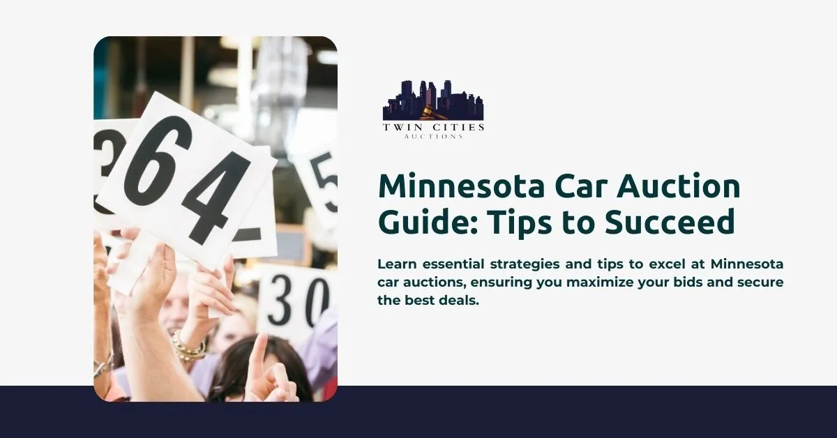 A crowd at a car auction in Minnesota, raising their number cards to place bids.