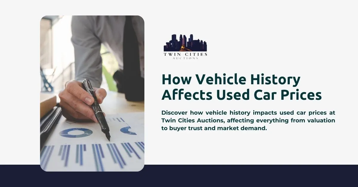 A person holding a marker points to a printed paper displaying graphs, illustrating how vehicle history affects used car prices.
