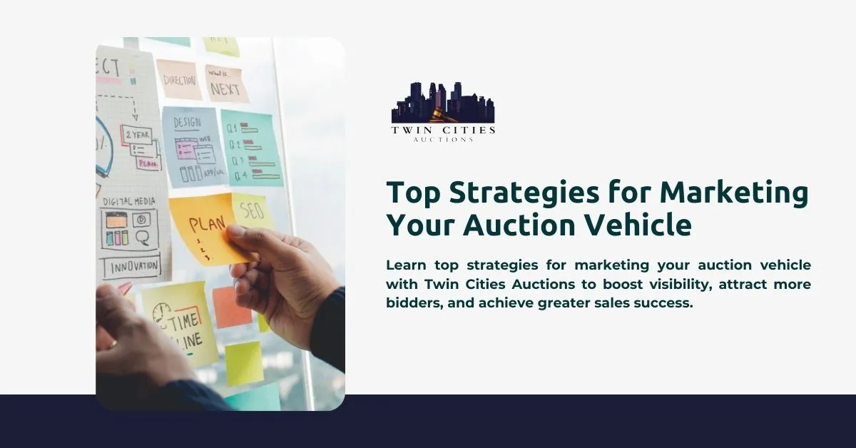 A person placing a sticky note labeled "PLAN" on a board with notes and diagrams. Text reads "Top Strategies for Marketing Your Auction Vehicle" with the Twin Cities Auctions logo.