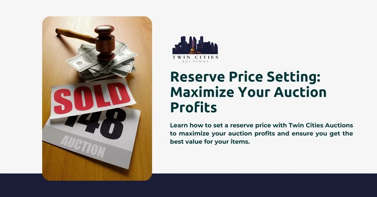 A gavel on a stack of dollar bills next to an auction paddle labeled "148" and a "SOLD" sign. Text reads "Reserve Price Setting: Maximize Your Auction Profits" with the Twin Cities Auctions logo above.