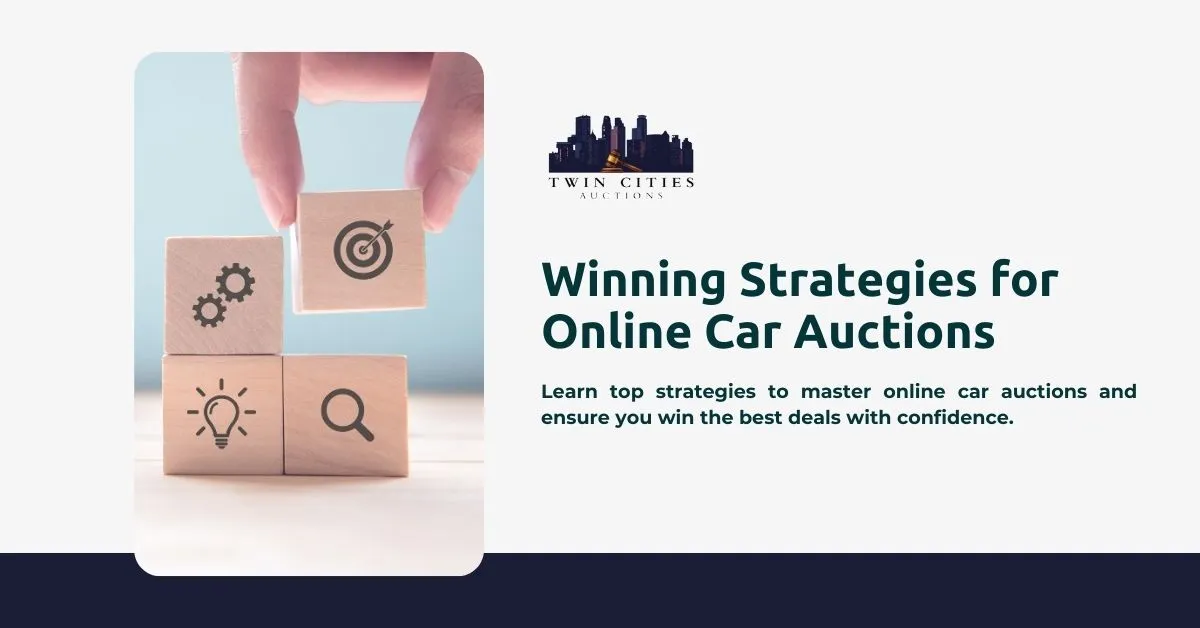 An image featuring four symbols representing winning strategies for online car auctions.