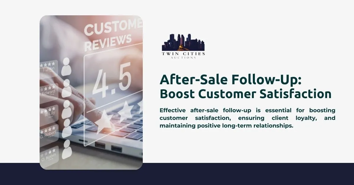 An image of a hand using a laptop showing a 4.5-star customer review. Text reads "After-Sale Follow-Up: Boost Customer Satisfaction" with the Twin Cities Auctions logo.