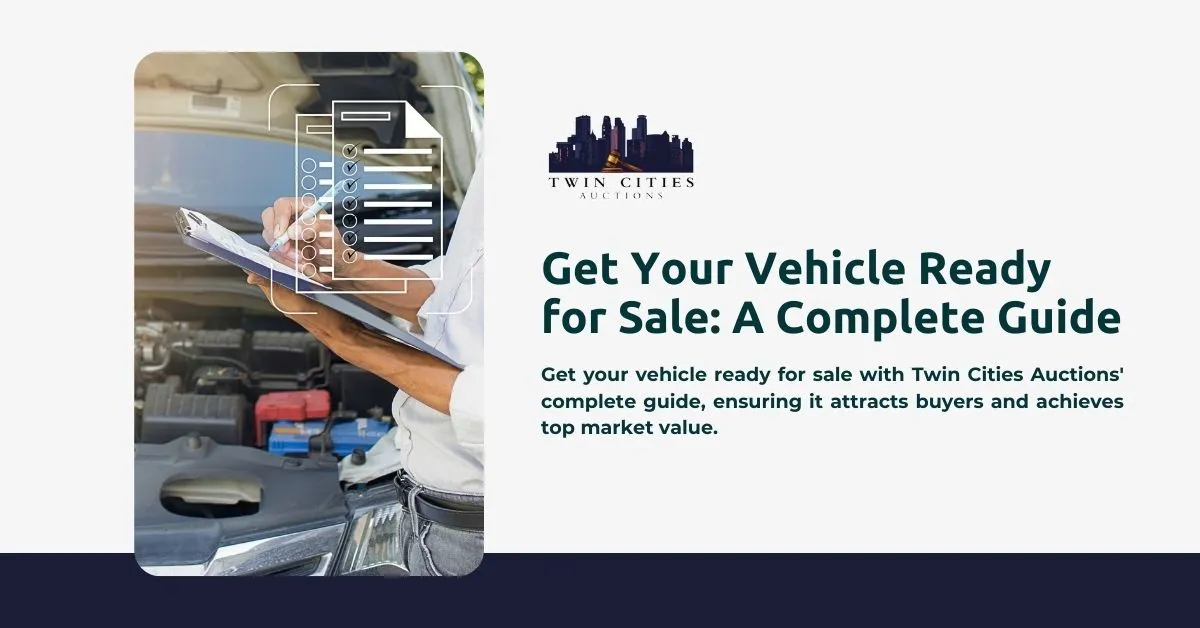 A person inspecting a vehicle's engine with a clipboard. Text reads "Get Your Vehicle Ready for Sale: A Complete Guide" with the Twin Cities Auctions logo above.