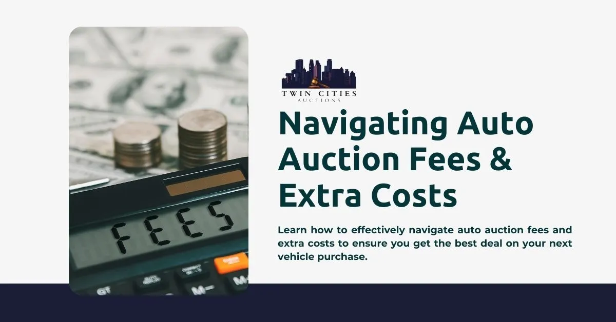 a public car auction with bidders raising their paddles, highlighting the importance of understanding auto auction fees and extra costs.