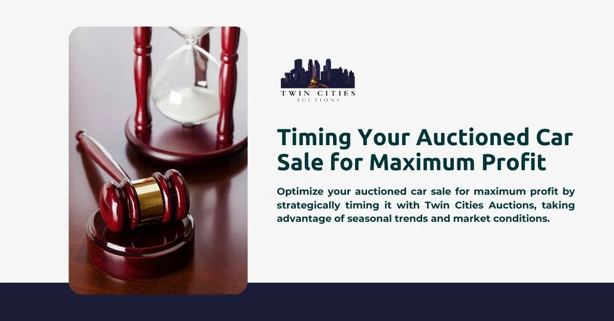 Twin Cities Auctions emphasizes "Timing Your Auctioned Car Sale for Maximum Profit," advising on strategic timing to optimize sales. The image includes a gavel, hourglass, and the company's logo.