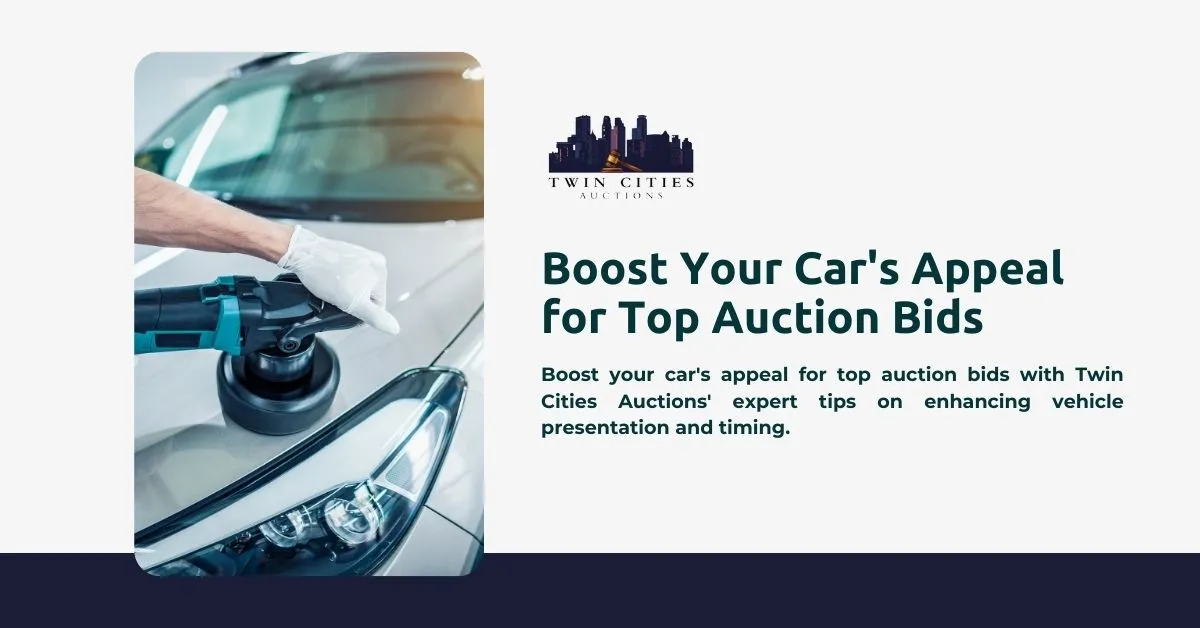Twin Cities Auctions emphasizes "Boost Your Car's Appeal for Top Auction Bids," advising on how to enhance a car's appeal for higher auction bids with tips on vehicle presentation and timing.