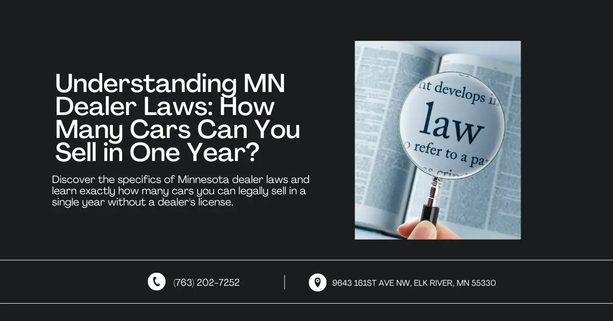 Web banner for an article on Minnesota dealer laws, featuring a magnifying glass over a law book with contact details for further inquiries.