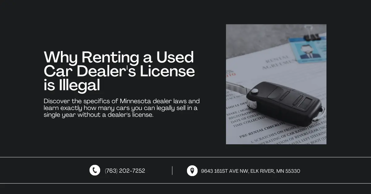 Web banner discussing the illegality of renting a used car dealer's license, featuring a key and documents on a desk.