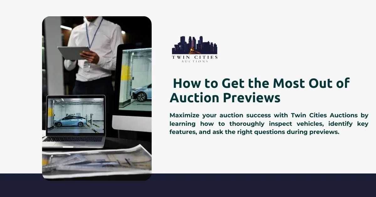 A person using a tablet stands beside a computer displaying a car image. Text reads "How to Get the Most Out of Auction Previews" with tips from Twin Cities Auctions on inspecting vehicles, identifying key features, and asking the right questions.