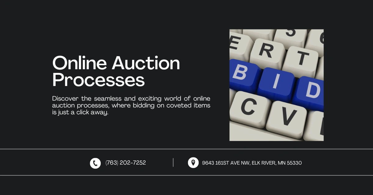 Image promoting online auction processes. The title reads 'Online Auction Processes,' with a subtitle about the ease and excitement of online bidding. The right side shows a keyboard with blue keys spelling 'BID.' Contact info at the bottom: (763) 202-7252 and 9643 161st Ave NW, Elk River, MN 55330.