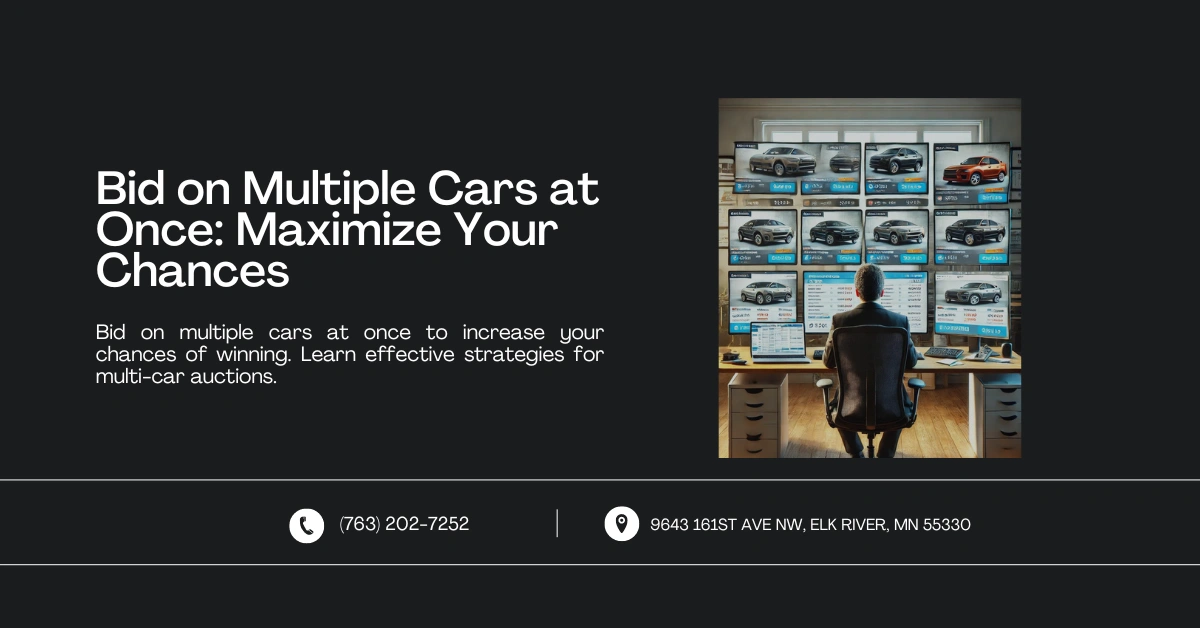 Image depicting a person bidding on multiple cars at once in a home office setup with several computer screens displaying different car auction sites. Text reads: 'Bid on Multiple Cars at Once: Maximize Your Chances' with contact information below.