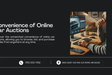 Image showing a person comfortably bidding on a car auction from home. The computer screen displays an online car auction site in a cozy home office setting. Text reads: 'Convenience of Online Car Auctions' with contact information below.