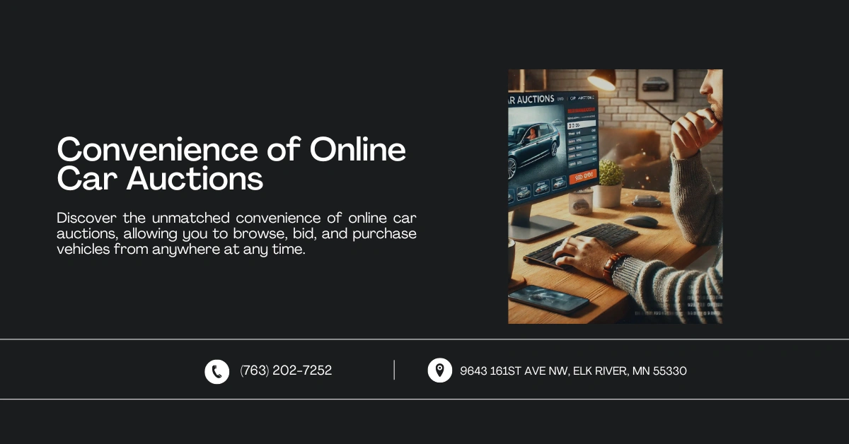 Image showing a person comfortably bidding on a car auction from home. The computer screen displays an online car auction site in a cozy home office setting. Text reads: 'Convenience of Online Car Auctions' with contact information below.