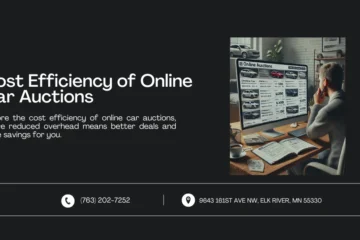 Image showing a person comparing car prices on an online auction site from home. The computer screen displays various car listings with prices in a cozy home office setting. Text reads: 'Cost Efficiency of Online Car Auctions' with contact information below.