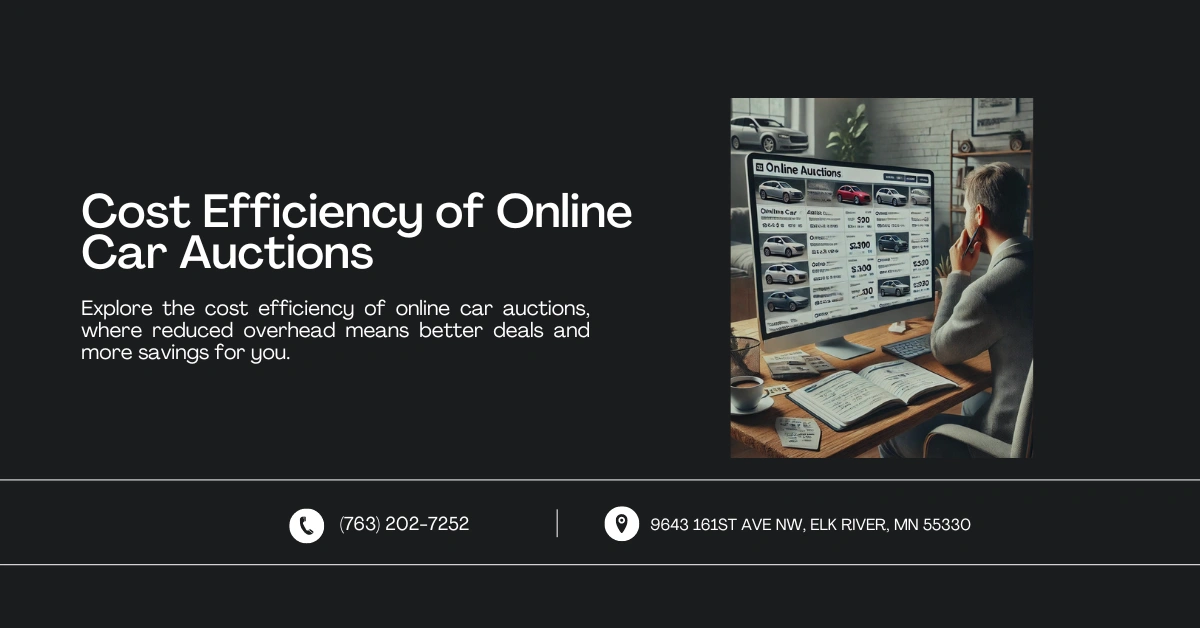 Image showing a person comparing car prices on an online auction site from home. The computer screen displays various car listings with prices in a cozy home office setting. Text reads: 'Cost Efficiency of Online Car Auctions' with contact information below.