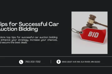 Image showing a gavel and a red tag labeled 'BID'. Text reads: 'Tips for Successful Car Auction Bidding' with contact information below.