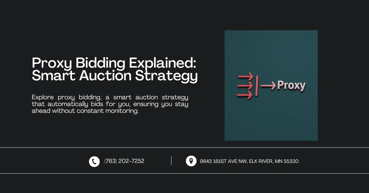 Image showing an illustration with arrows labeled 'Proxy'. Text reads: 'Proxy Bidding Explained: Smart Auction Strategy' with contact information below.