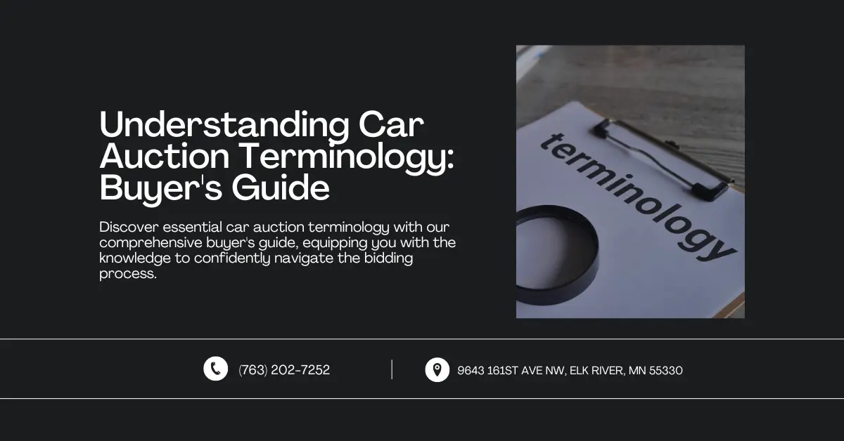 An image featuring a title and brief description about a comprehensive guide to car auction terminology, accompanied by a close-up photo of a clipboard with the word "terminology" and a magnifying glass, emphasizing the importance of understanding key terms. Contact information and address are displayed at the bottom.
