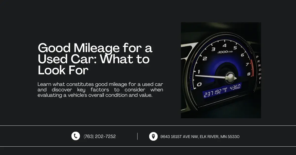 An image featuring a title and description about understanding what constitutes good mileage for a used car. The right side shows a close-up of a car's odometer displaying mileage, emphasizing the importance of this factor in evaluating a vehicle's condition and value. Contact information and address are displayed at the bottom.