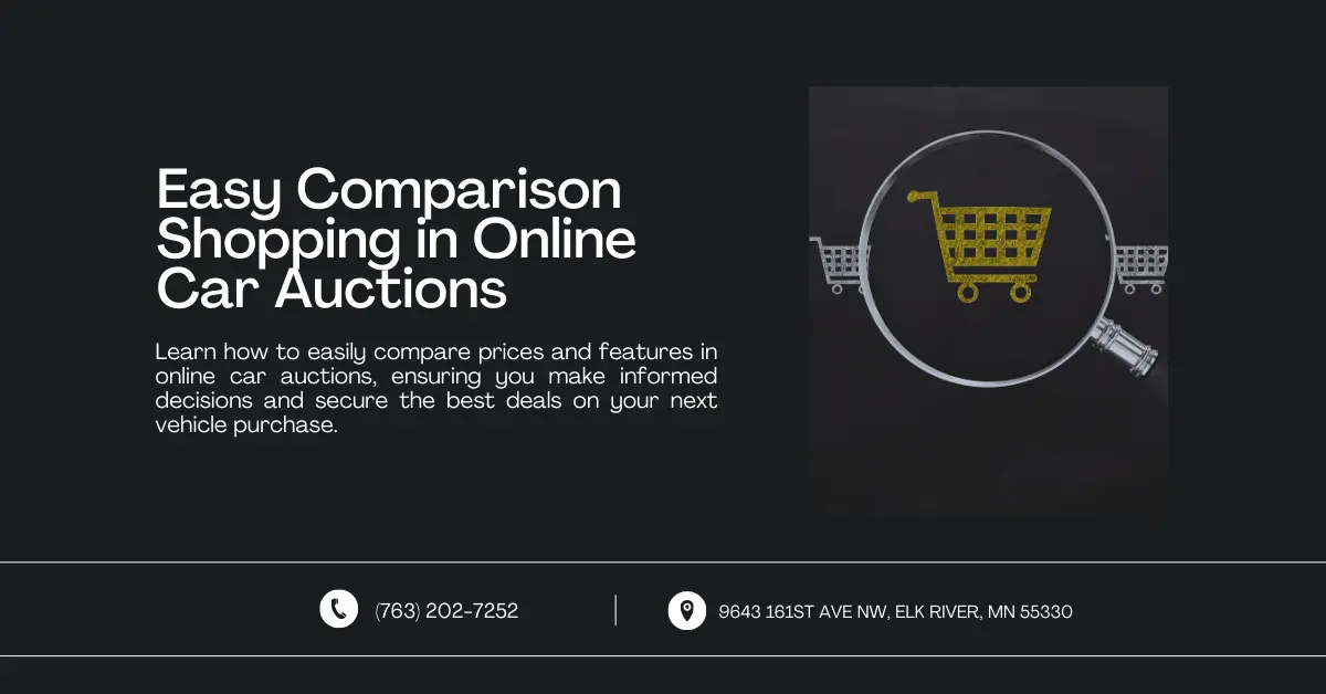 An image featuring a title and brief description about comparing prices and features in online car auctions. The right side shows a magnifying glass focusing on a shopping cart icon, symbolizing the idea of careful comparison. Contact information and address are displayed at the bottom.