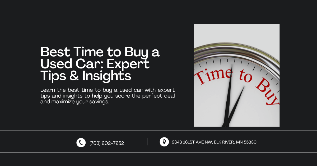 An image featuring a title and description providing advice on the best time to purchase a used car. The right side shows a close-up of a clock face with the words "Time to Buy," emphasizing the importance of timing in securing the best deal. Contact information and address are displayed at the bottom.