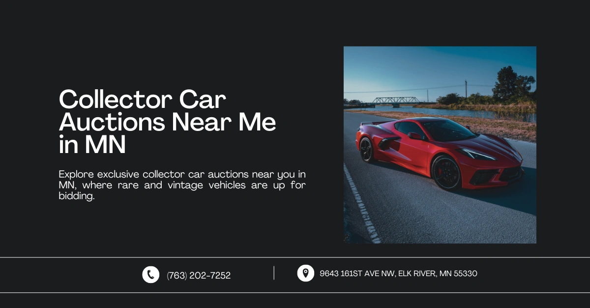 Image promoting Collector Car Auctions Near Me in MN, featuring a rare red car on a scenic road, highlighting exclusive auctions for vintage and collector vehicles