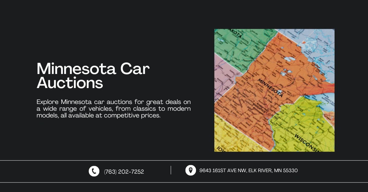 Image promoting Minnesota Car Auctions, featuring a map of Minnesota, highlighting great deals on a wide range of vehicles from classics to modern models at competitive prices.