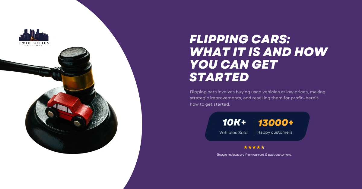 A featured image for Twin Cities Auctions depicting a gavel resting on a black platform with a small red toy car, advertising 'Flipping Cars: What It Is and How You Can Get Started.' The banner also includes the text '10K+ Vehicles Sold' and '13000+ Happy Customers' with a five-star rating, explaining the process of buying, improving, and reselling cars for profit.