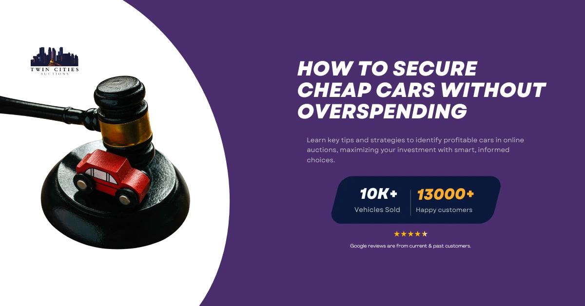 A featured image for Twin Cities Auctions showing a gavel with a red toy car, highlighting 'How to Secure Cheap Cars Without Overspending in Online Car Auctions.' The banner showcases '10K+ Vehicles Sold' and '13000+ Happy Customers' with a five-star Google review rating, and offers tips on smart bidding tactics for affordable car purchases at online auctions.