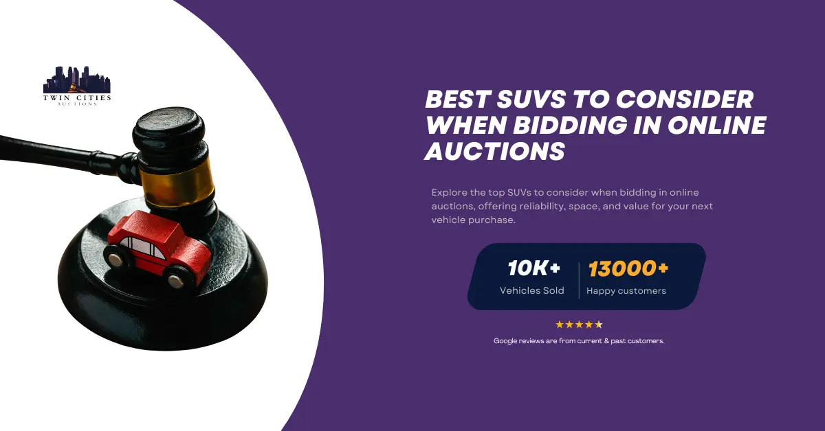 A gavel next to a small red toy car on a purple background with text that reads "Best SUVs to Consider When Bidding in Online Auctions" along with company stats: "10K+ Vehicles Sold" and "13,000+ Happy Customers."