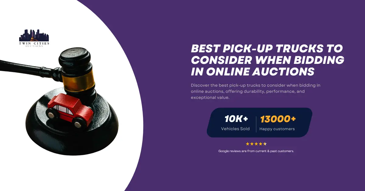 A gavel next to a small red toy car on a purple background with text reading "Best Pick-Up Trucks to Consider When Bidding in Online Auctions" and stats: "10K+ Vehicles Sold" and "13,000+ Happy Customers."