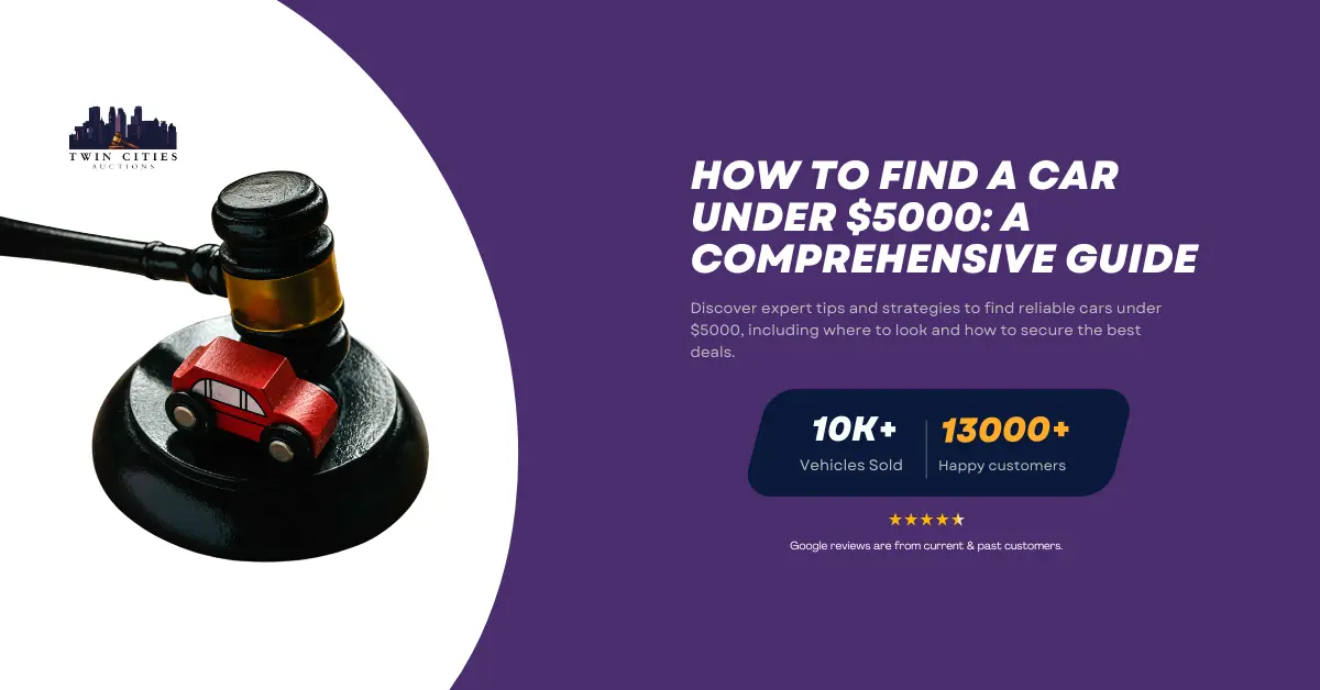 A gavel resting on a toy car, symbolizing car auctions, with text reading "How to Find a Car Under $5000: A Comprehensive Guide" and Twin Cities Auctions branding.