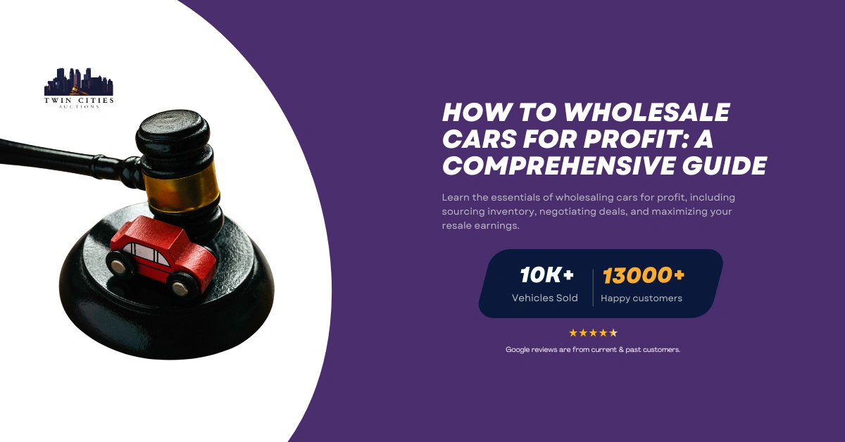 A gavel with a toy car on a base, symbolizing car auctions, alongside the title "How to Wholesale Cars for Profit: A Comprehensive Guide" and Twin Cities Auctions branding.