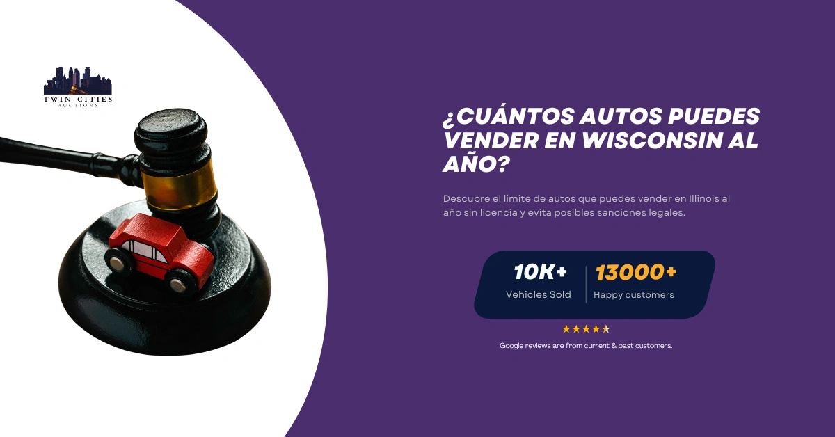 Un mazo de juez con un pequeño auto rojo de juguete, simbolizando regulaciones sobre la venta de autos en Wisconsin. Logo de Twin Cities Auctions.