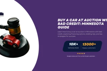 A judge's gavel with a small red toy car on the base, symbolizing vehicle auctions, alongside text about buying a car at auction with bad credit in Minnesota.