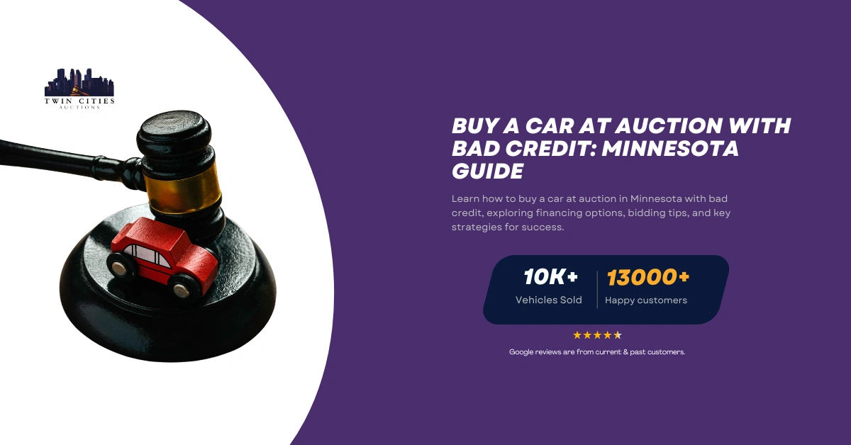 A judge's gavel with a small red toy car on the base, symbolizing vehicle auctions, alongside text about buying a car at auction with bad credit in Minnesota.