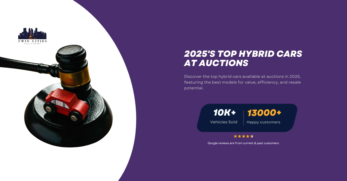 A judge's gavel with a small red toy car on the base, symbolizing vehicle auctions, alongside text about the top hybrid cars available at auctions in 2025.