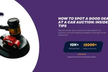 A judge's gavel with a small red toy car on the base, symbolizing vehicle auctions, alongside text about insider tips for spotting great car deals at auctions.