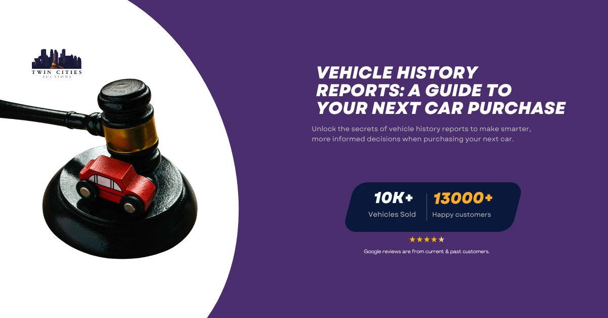 A gavel with a small red toy car on its base, representing vehicle history reports and informed car purchases. Twin Cities Auctions logo.