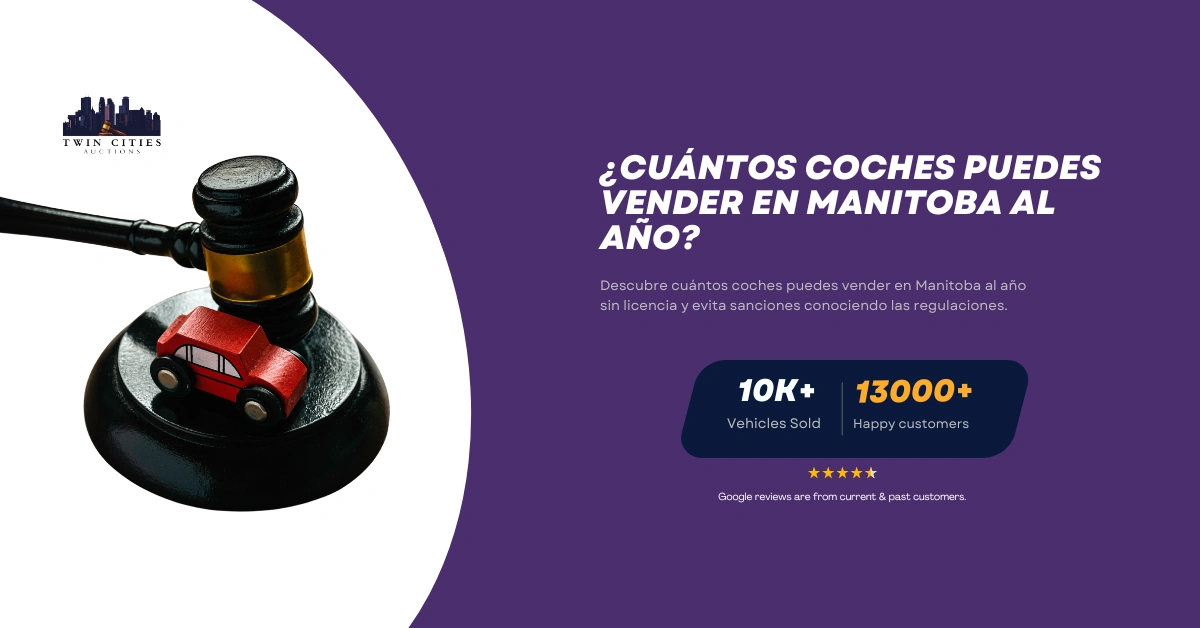 Un mazo de juez con un pequeño coche rojo de juguete, simbolizando las regulaciones sobre la venta de coches en Manitoba. Logo de Twin Cities Auctions.