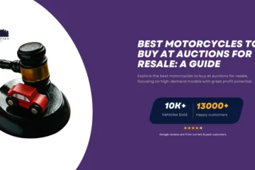 A judge's gavel with a small red toy car on the base, symbolizing vehicle auctions, alongside text about the best motorcycles to buy for resale.