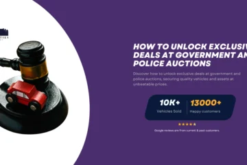 A judge's gavel with a small red toy car on the base, symbolizing vehicle auctions, alongside text about securing exclusive deals at government and police auctions.