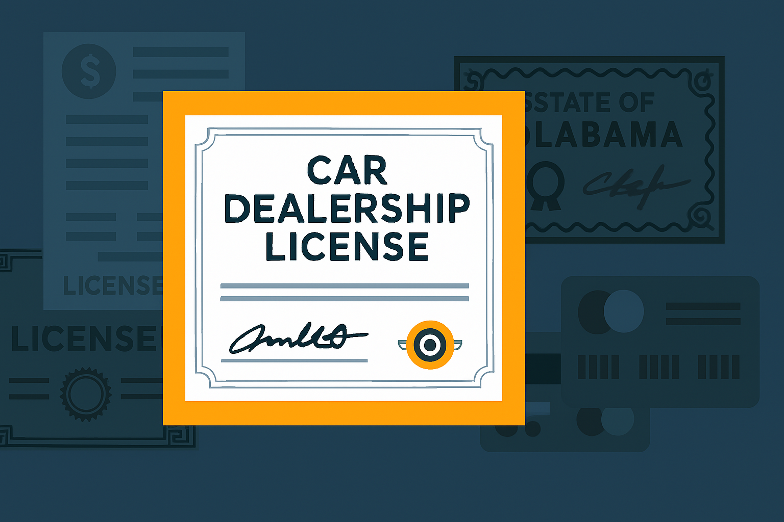 Ilustración de un certificado de licencia de concesionario de autos con documentos de fondo que hacen referencia al estado de Alabama.