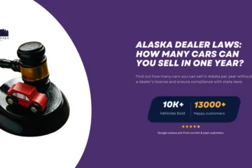 Gavel with toy car symbolizing Alaska dealer laws, with text about how many cars can be sold yearly without a license, by Twin Cities Auctions.