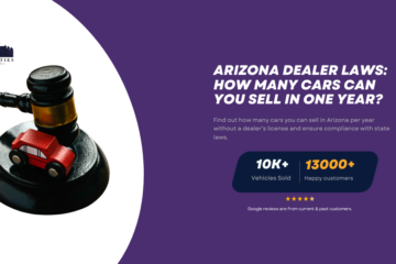 Gavel with toy car representing Arizona dealer laws, with info about yearly car sale limits and licensing from Twin Cities Auctions.