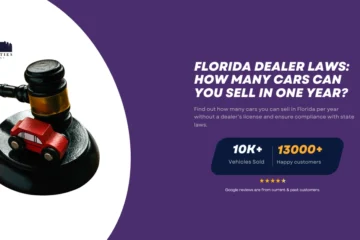 Gavel with toy car on base next to text about Florida dealer laws and vehicle sales limits; Twin Cities Auctions logo above.