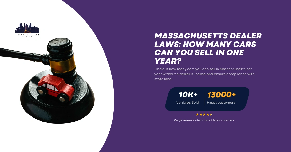 Gavel with toy car on base, highlighting Massachusetts dealer laws about how many cars you can sell per year without a license.