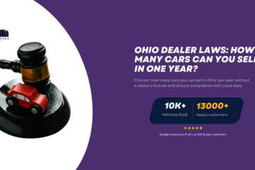 Gavel with toy car on top and text about Ohio dealer laws on selling cars per year without a license from Twin Cities Auctions.